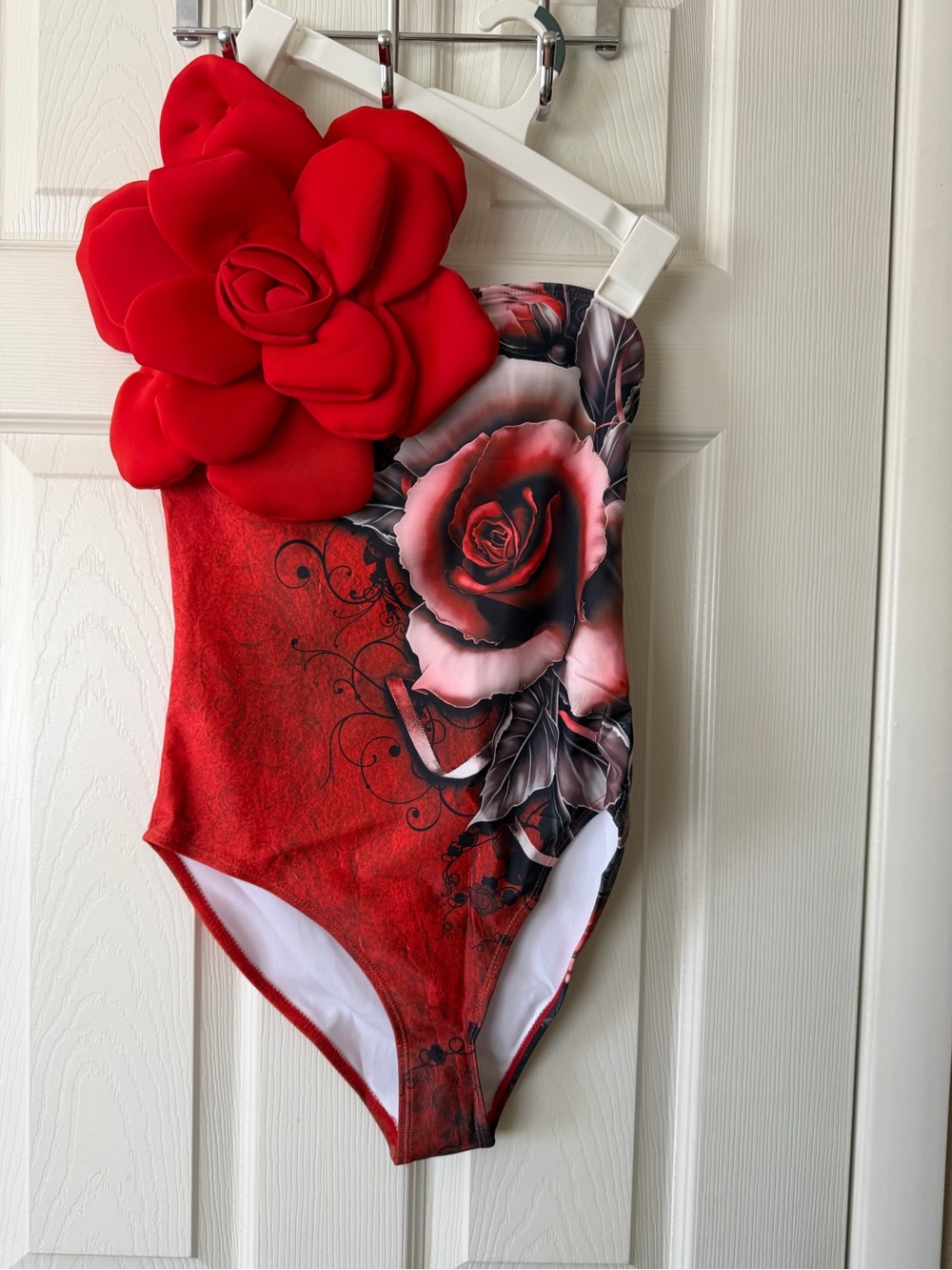 Red Floral One-Piece Swimsuit w/3D Flower Accent & Sarong